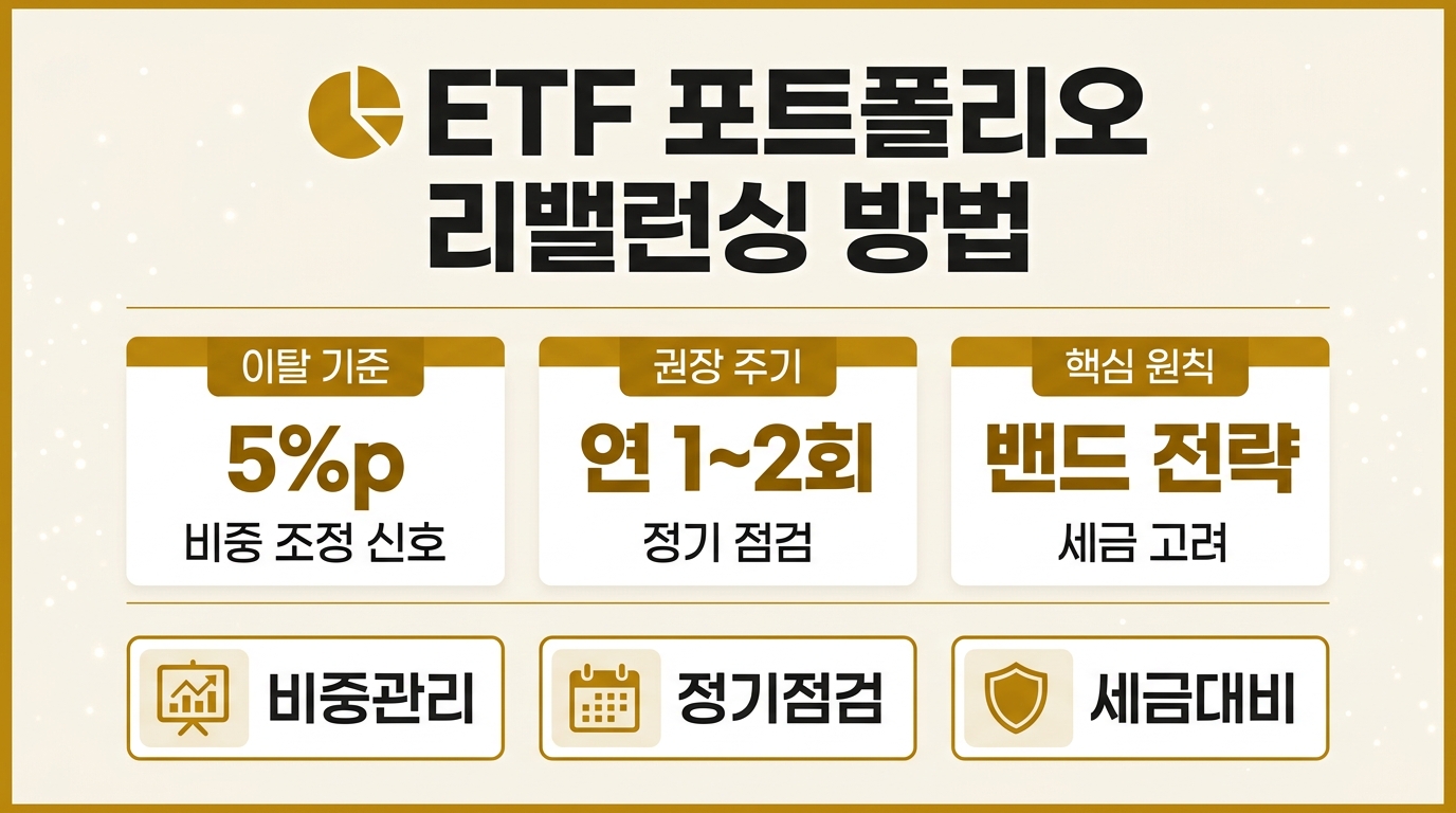 ETF 포트폴리오 리밸런싱 방법 비중 이탈 5%p 기준과 연 1~2회 점검 주기를 정리한 인포그래픽
