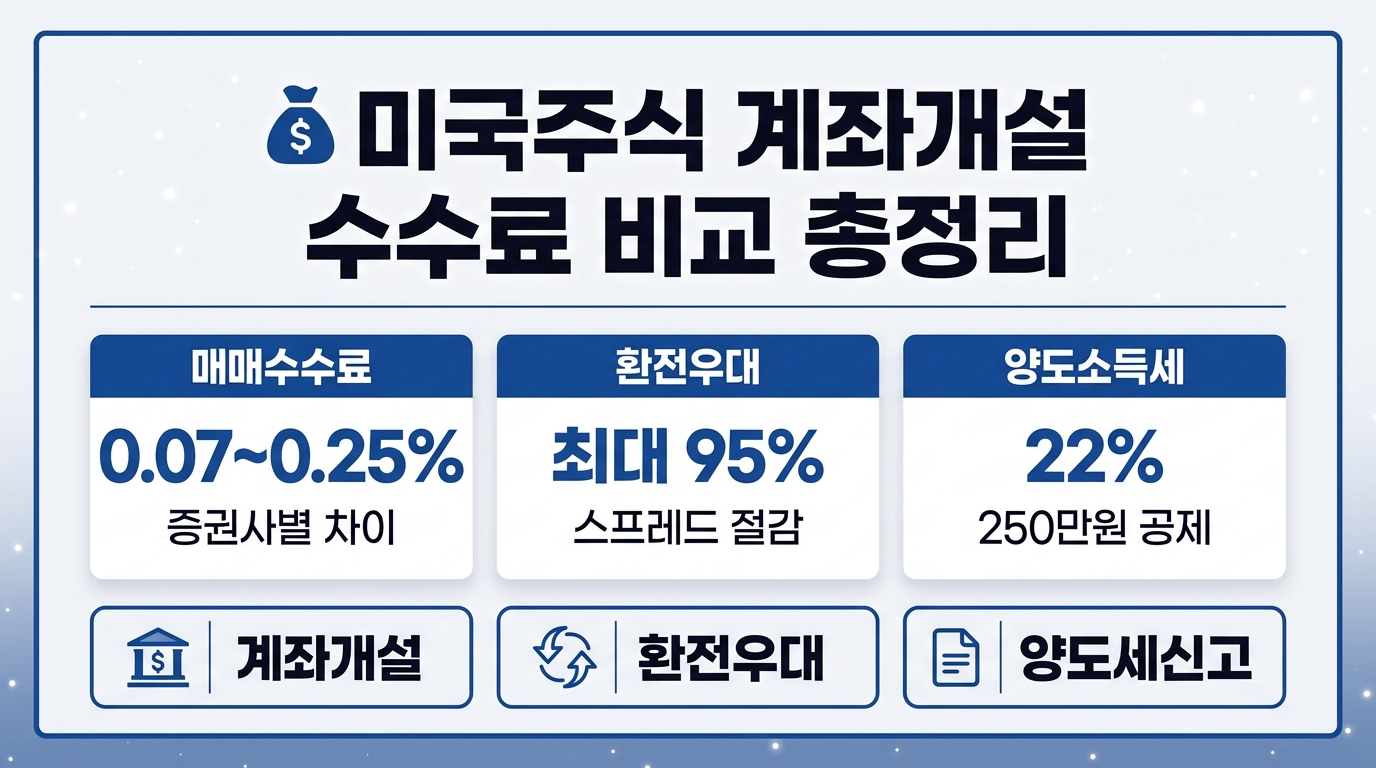 미국주식 계좌개설 수수료 비교 환전우대 양도소득세 정리 인포그래픽