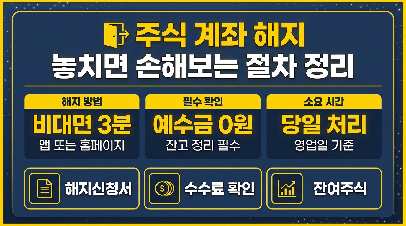 주식 계좌 해지하는 방법과 절차를 정리한 카드뉴스형 인포그래픽