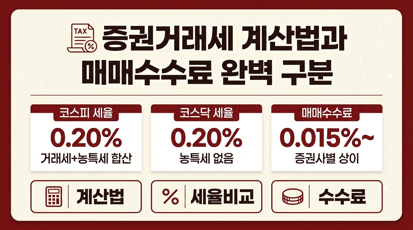 증권거래세 계산법과 매매수수료 차이를 보여주는 세율 비교 인포그래픽