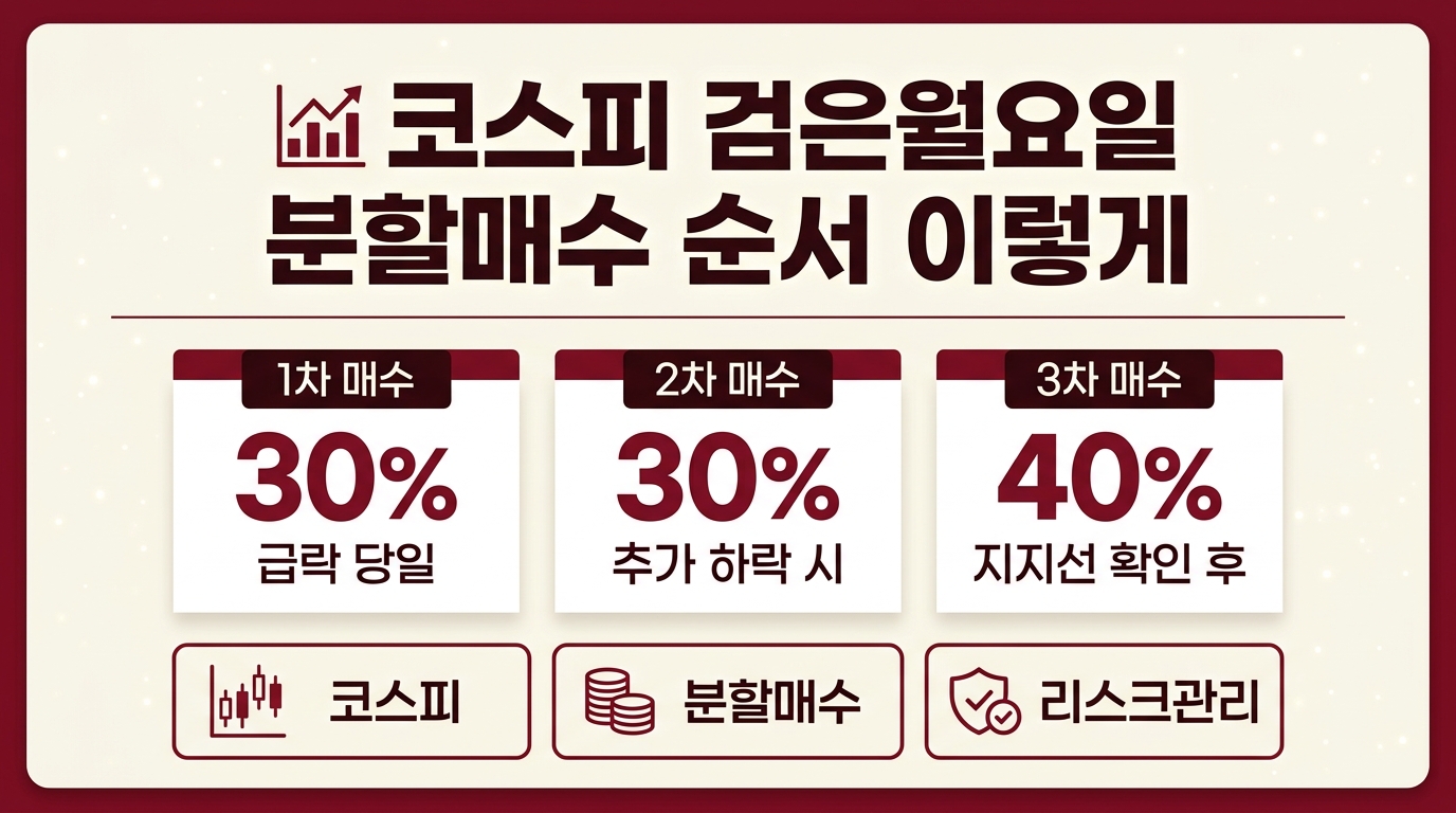 코스피 검은월요일 분할매수 순서 3단계 비중 배분 인포그래픽