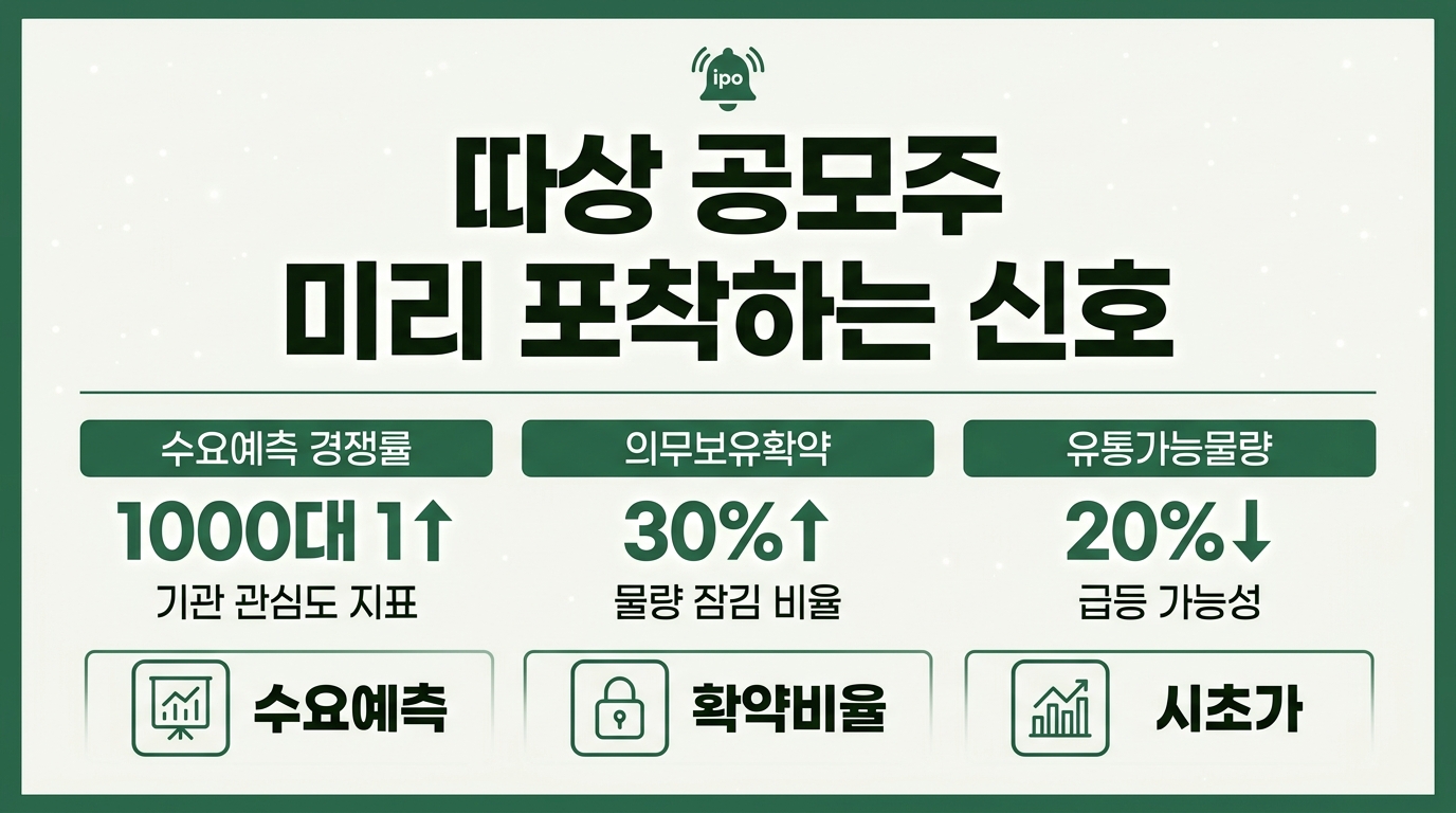 따상 공모주 신호 인포그래픽 - 수요예측 의무보유확약 유통물량 비율