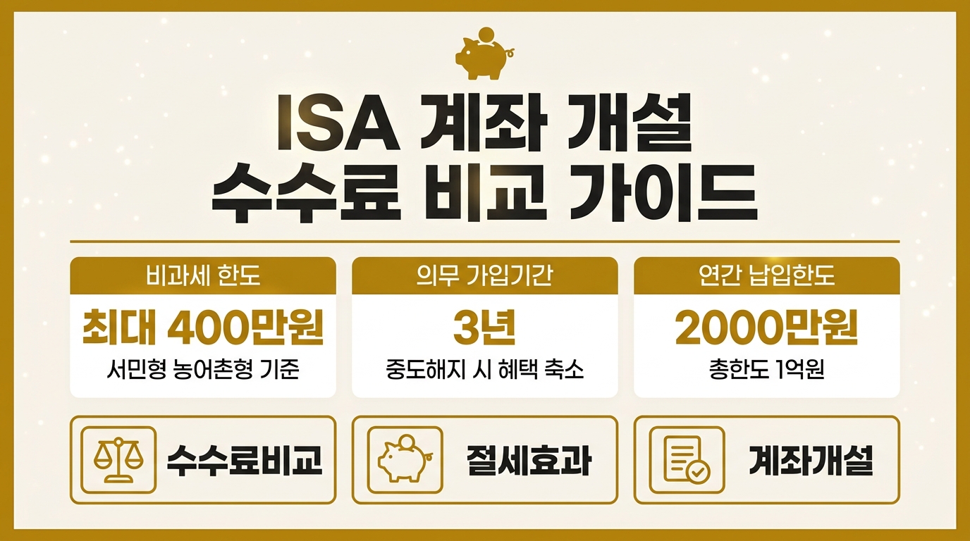 ISA 계좌 수수료 비교와 비과세 한도, 개설 절차를 보여주는 인포그래픽