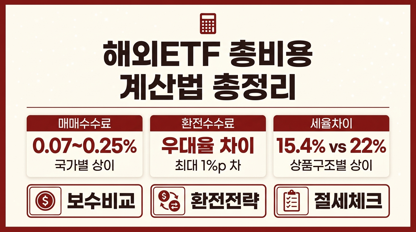 해외ETF 총비용 계산 매매수수료 환전수수료 세금 비교 인포그래픽