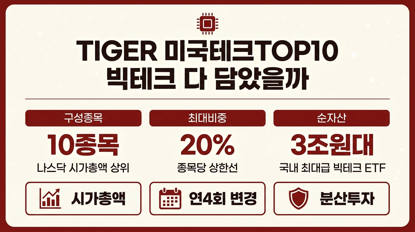 TIGER 미국테크TOP10 구성종목과 순자산 규모 요약 인포그래픽