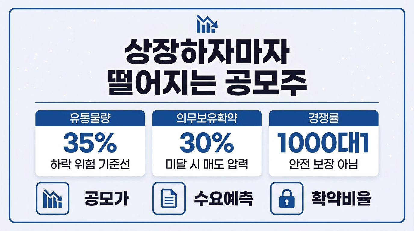 공모주 하락 이유 상장 첫날 급락 원인 유통물량 의무보유확약 비율 정리 인포그래픽