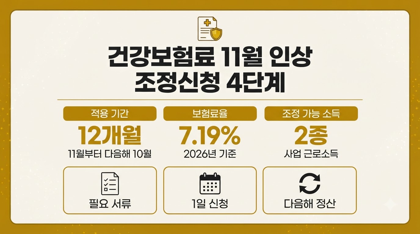 건강보험료 조정신청 절차와 11월 인상 대응 카드뉴스 인포그래픽