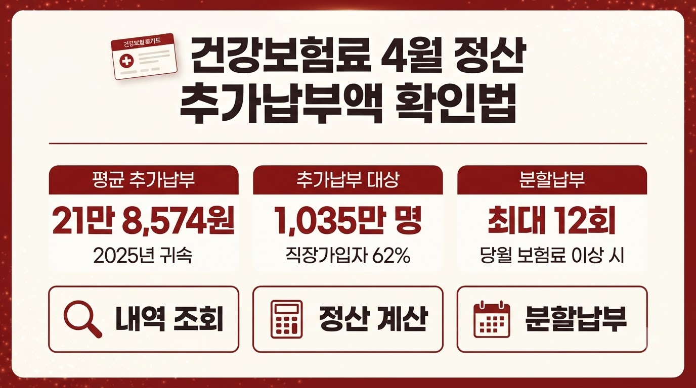 건강보험료 4월 정산 추가납부액 확인 방법과 평균 금액 인포그래픽