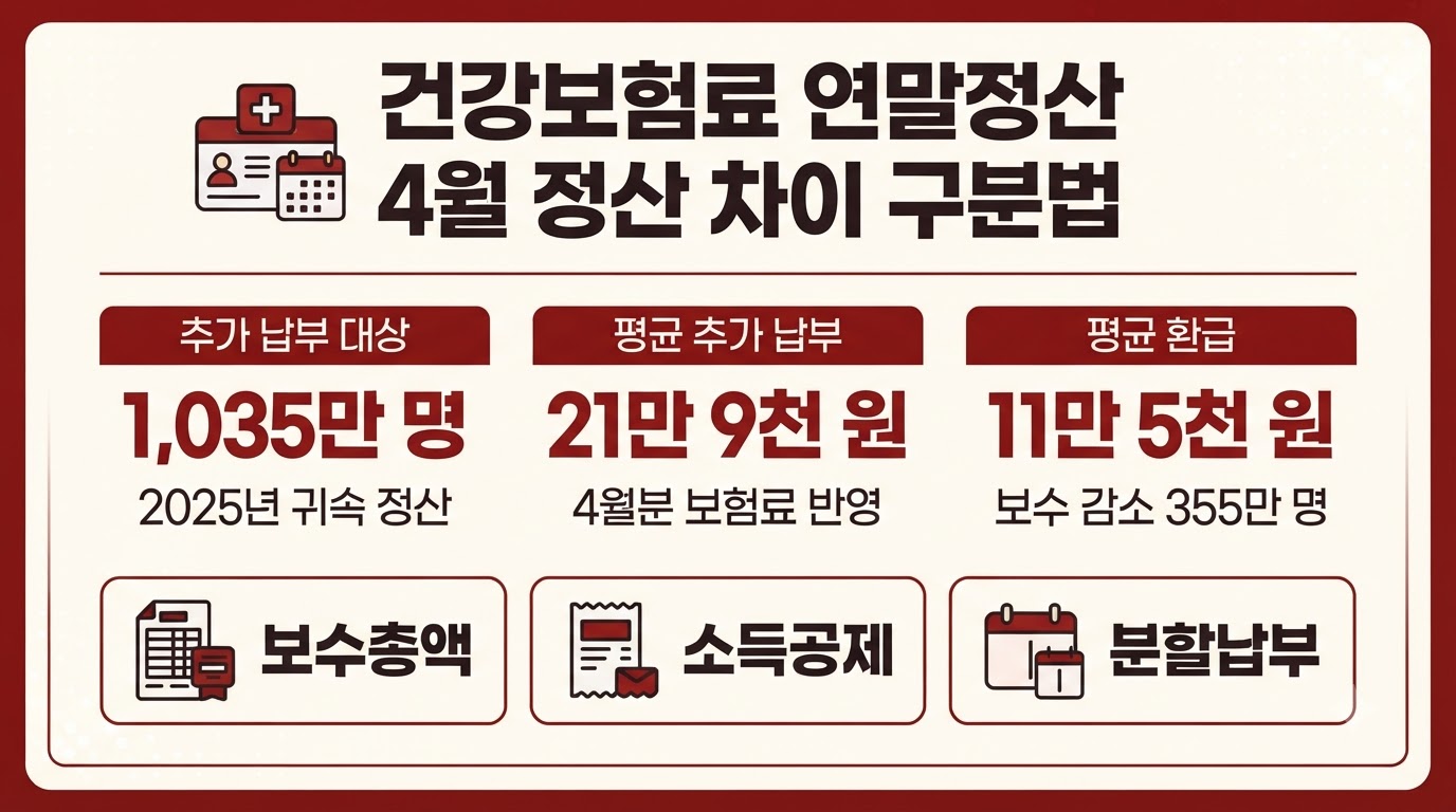 건강보험료 연말정산과 4월 정산 차이를 정리한 카드뉴스 인포그래픽