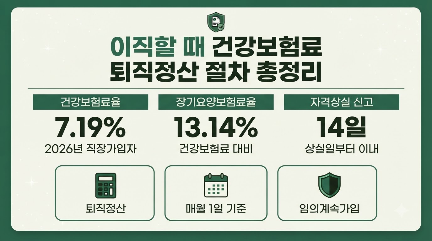 건강보험료 정산 이직 시 퇴직정산 절차와 2026년 보험료율 7.19% 인포그래픽