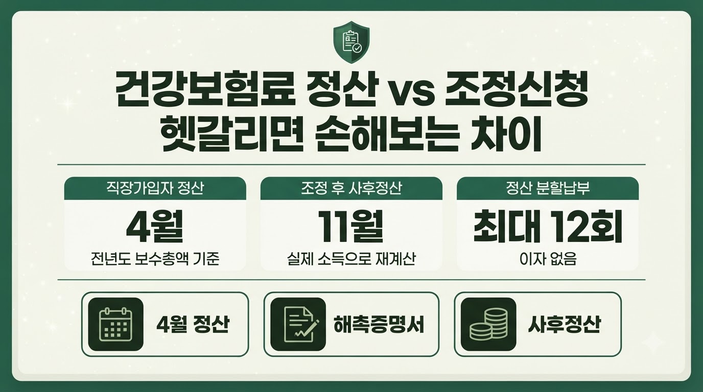 건강보험료 정산과 소득 조정신청 차이를 비교한 카드뉴스 인포그래픽
