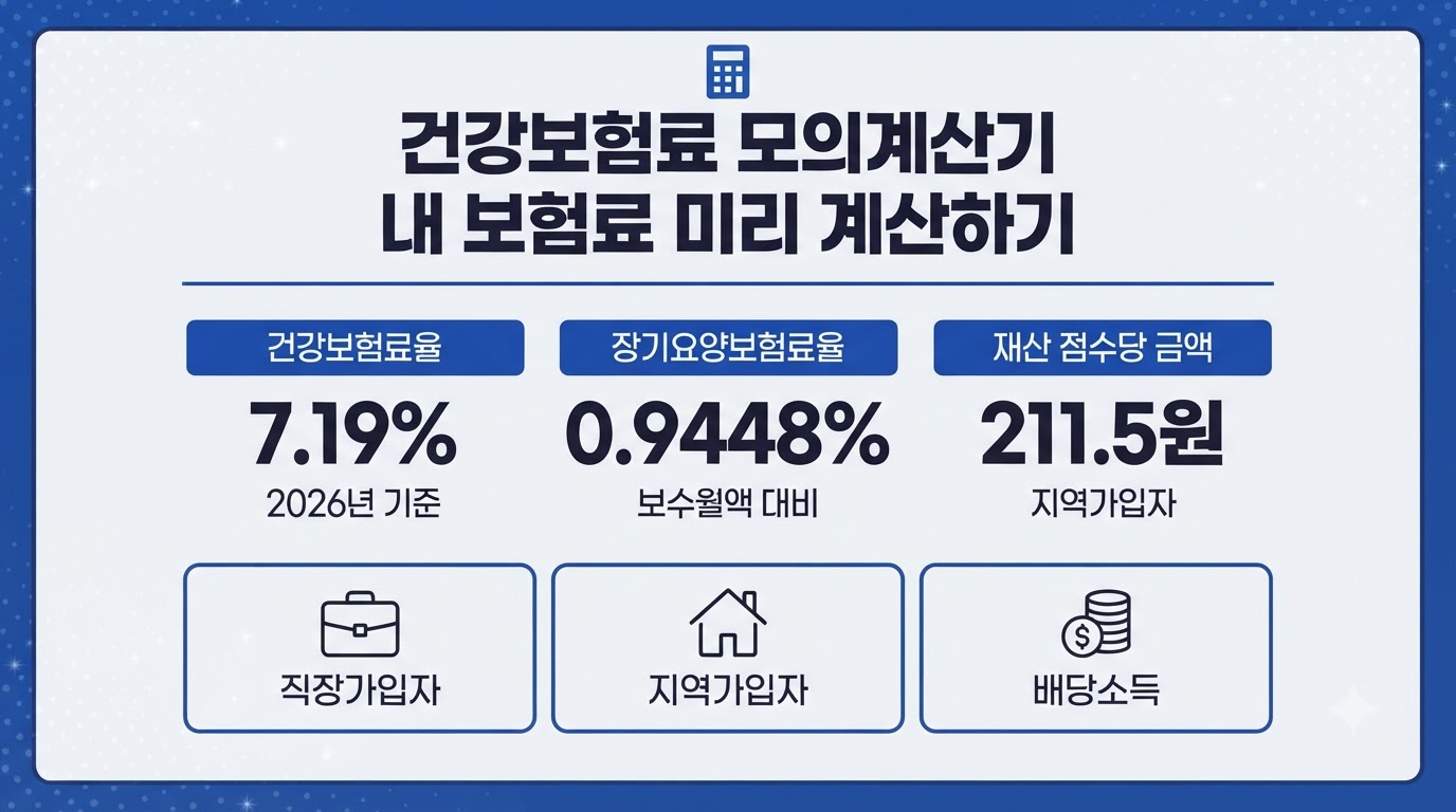 건강보험료 모의계산기 2026년 보험료율 7.19% 기준 예상 금액 계산 인포그래픽